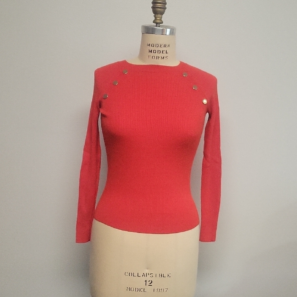 LOFT Red Long Sleeve Top with Button Accents